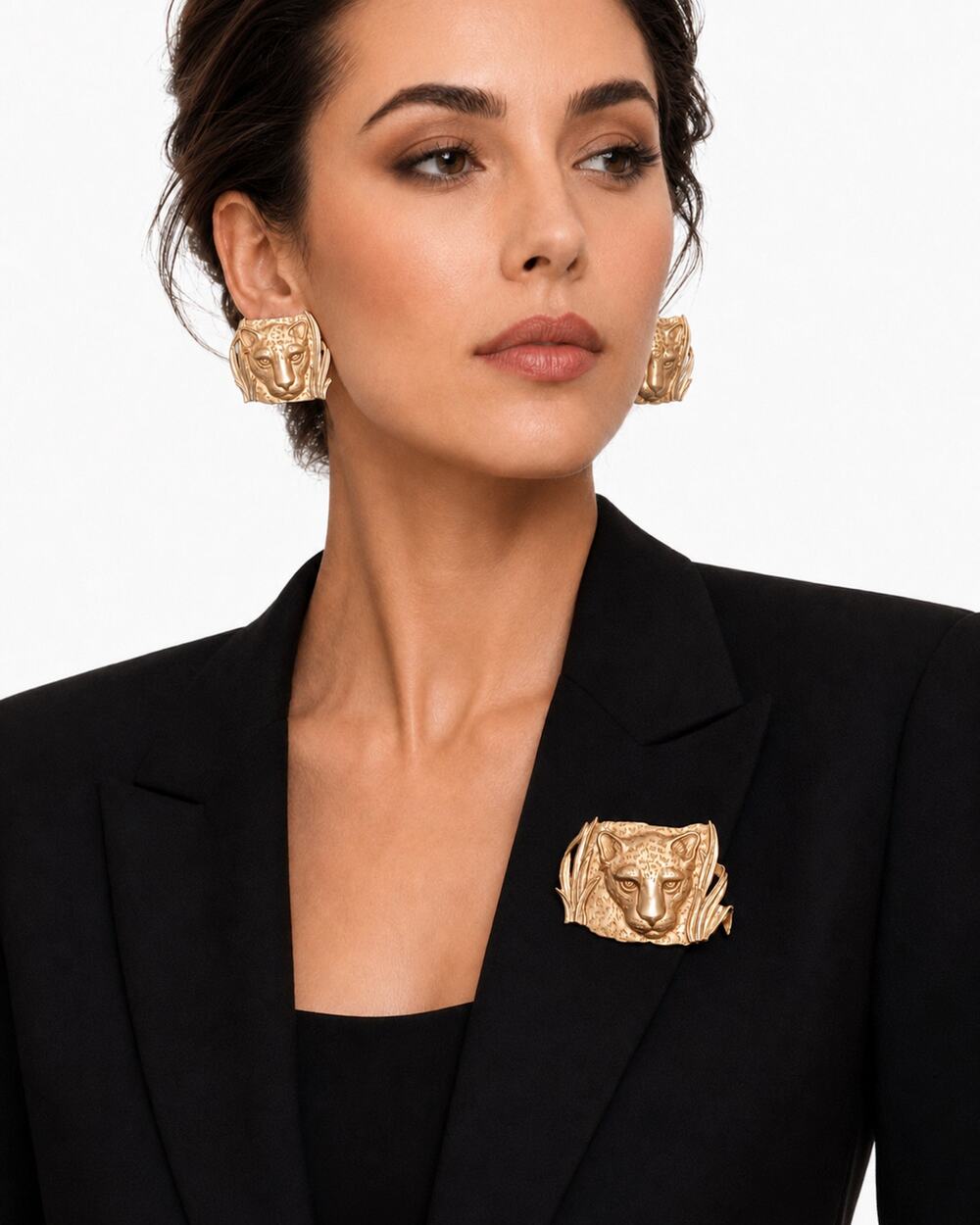 Park Lane Leopard Brooch Pendant Earrings Set Vintage 80s Gold Tone Big Cat